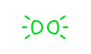 Grünes Symbol für Tagfahrlicht im Auto. Zwei leuchtende Kreise mit Strahlen, die Helligkeit signalisieren.