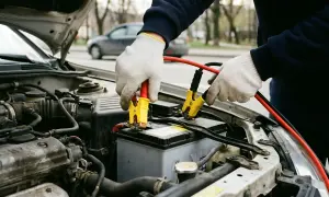 Hände mit Handschuhen schließen Starthilfekabel an eine leere Autobatterie an, um das Auto wieder zum Laufen zu bringen.