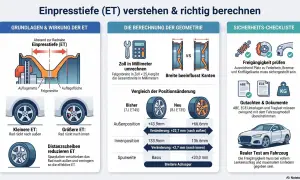 Grafik erklärt, wie man die Einpresstiefe (ET) von Felgen versteht und berechnet, inklusive Beispielen für kleinere und größere ET.