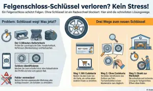 Felgenschloss-Schlüssel verloren? Keine Panik! Die Grafik zeigt, wie Sie das Problem lösen, wenn der felgenschloss verloren ist.