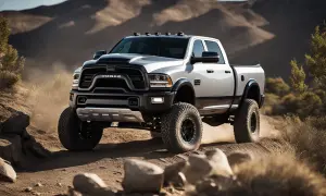 Ein Dodge Ram 1500 mit beeindruckendem Gewicht fährt durch staubiges Gelände.