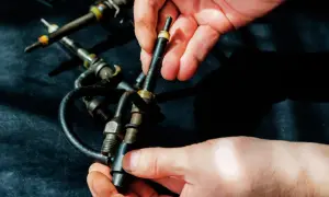 Hände halten Diesel-Einspritzdüsen. Ein Grund, warum der Motor ruckelt im Stand, könnte eine defekte Düse sein.