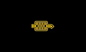 Gelbe Warnleuchte für den DPF (Dieselpartikelfilter). Das Symbol zeigt einen Filter mit vielen kleinen Kreisen und einen Pfeil, der Abgase symbolisiert.