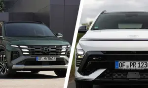 Zwei Hyundai Kona 2026 Modelle im direkten Vergleich: Ein grüner und ein weißer mit N Line-Akzenten.