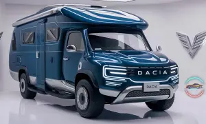 Ein blauer Dacia Sandman Campervan mit modernen LED-Leuchten und einem ausfahrbaren Markise. Perfekt für Abenteuer!