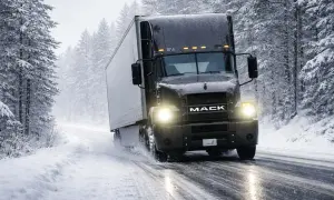 Schwarzer Mack-LKW fährt durch verschneiten Wald. Vorsicht: kann AdBlue einfrieren, was zu Problemen führen kann.