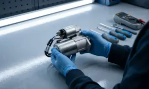 Mechaniker prüft einen Anlasser, der defekt sein könnte. Werkzeuge und Multimeter liegen bereit.