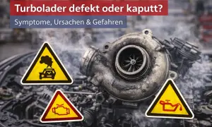 Ein defekter Turbolader kann teuer werden. Warnschilder zeigen Rauch, Motorprobleme und Ölverlust.