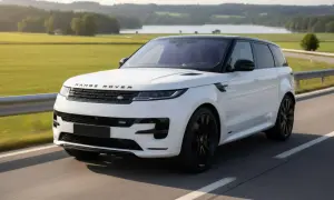Ein weißer Range Rover Sport mit schwarzem Dach fährt auf einer Landstraße. Perfekt für ein Range Rover Abo.