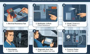 Anleitung zur Prüfung eines Auto-Injektors: Widerstand messen, Sprühmuster prüfen, Klickgeräusche hören, Druck testen und Live-Daten analysieren.