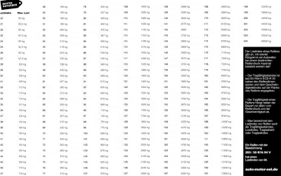 Reifenbezeichnungen: Tabelle zeigt Lastindex und maximale Traglast von Reifen. Ein Beispiel erklärt, wie der Lastindex 94 bei 205/55 R16 94 V zu interpretieren ist.
