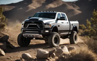 Ein Dodge Ram 1500 mit beeindruckendem Gewicht fährt durch staubiges Gelände.