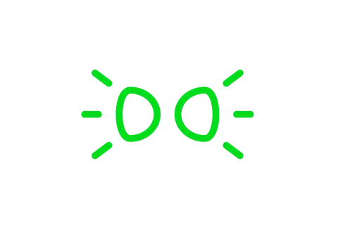 Grünes Symbol für Tagfahrlicht im Auto. Zwei leuchtende Kreise mit Strahlen, die Helligkeit signalisieren.