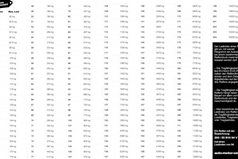 Reifenbezeichnungen: Tabelle zeigt Lastindex und maximale Traglast von Reifen. Ein Beispiel erklärt, wie der Lastindex 94 bei 205/55 R16 94 V zu interpretieren ist.