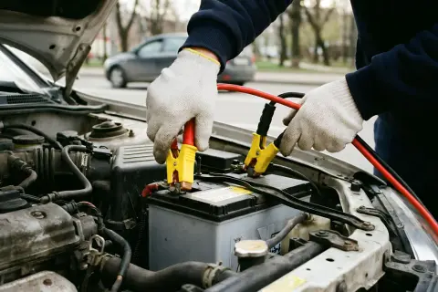 Hände mit Handschuhen schließen Starthilfekabel an eine leere Autobatterie an, um das Auto wieder zum Laufen zu bringen.