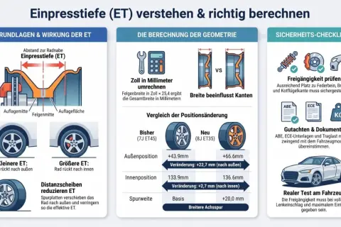 Grafik erklärt, wie man die Einpresstiefe (ET) von Felgen versteht und berechnet, inklusive Beispielen für kleinere und größere ET.