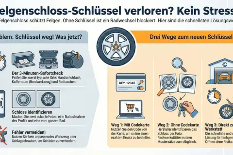 Felgenschloss-Schlüssel verloren? Keine Panik! Die Grafik zeigt, wie Sie das Problem lösen, wenn der felgenschloss verloren ist.