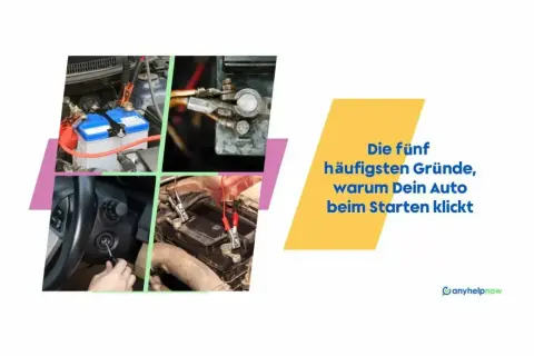 Auto springt nicht an, klackert? Vier Bilder zeigen Autobatterie, Zündschloss und Starthilfe. Text: "Die fünf häufigsten Gründe, warum Dein Auto beim Starten klickt.