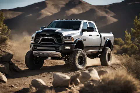 Ein Dodge Ram 1500 mit beeindruckendem Gewicht fährt durch staubiges Gelände.