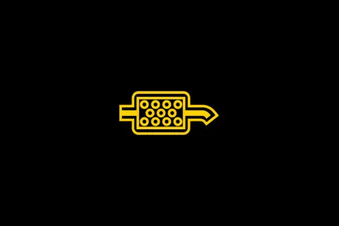 Gelbe Warnleuchte für den DPF (Dieselpartikelfilter). Das Symbol zeigt einen Filter mit vielen kleinen Kreisen und einen Pfeil, der Abgase symbolisiert.
