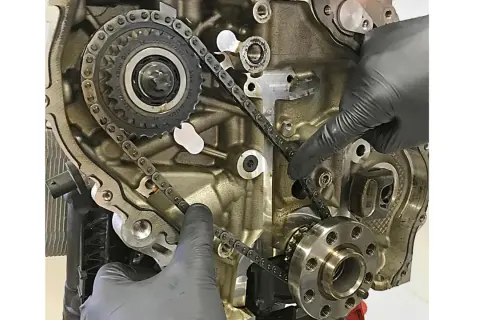 Hände prüfen die Steuerkette eines Motors. Die Frage, wie lange hält eine steuerkette, hängt von Wartung und Material ab.