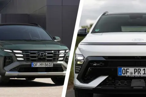 Zwei Hyundai Kona 2026 Modelle im direkten Vergleich: Ein grüner und ein weißer mit N Line-Akzenten.