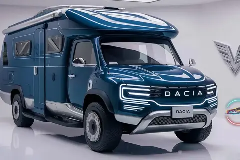 Ein blauer Dacia Sandman Campervan mit modernen LED-Leuchten und einem ausfahrbaren Markise. Perfekt für Abenteuer!