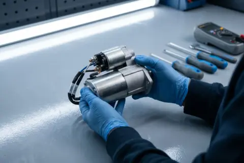 Mechaniker prüft einen Anlasser, der defekt sein könnte. Werkzeuge und Multimeter liegen bereit.