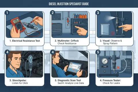 Anleitung zur Prüfung eines Auto-Injektors: Widerstand messen, Sprühmuster prüfen, Klickgeräusche hören, Druck testen und Live-Daten analysieren.