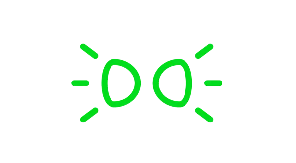 Grünes Symbol für Tagfahrlicht im Auto. Zwei leuchtende Kreise mit Strahlen, die Helligkeit signalisieren.
