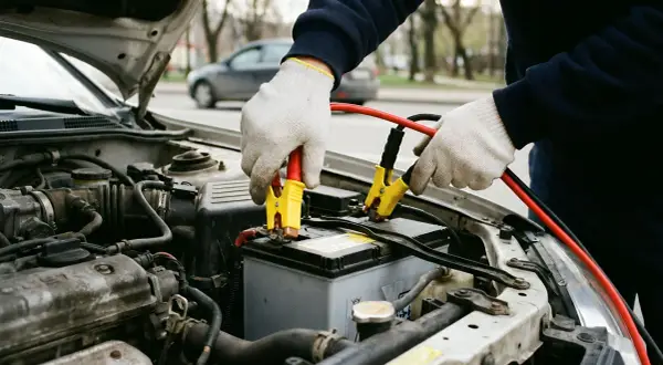 Hände mit Handschuhen schließen Starthilfekabel an eine leere Autobatterie an, um das Auto wieder zum Laufen zu bringen.