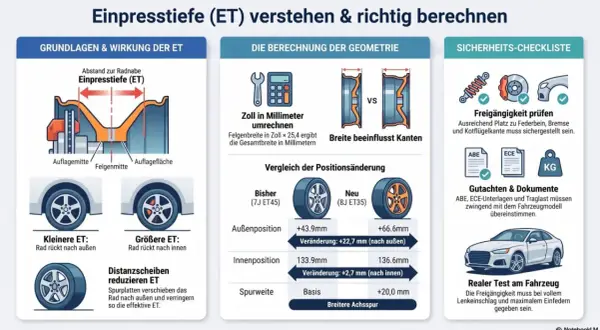 Grafik erklärt, wie man die Einpresstiefe (ET) von Felgen versteht und berechnet, inklusive Beispielen für kleinere und größere ET.