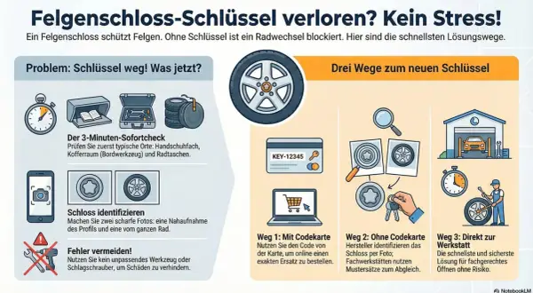 Felgenschloss-Schlüssel verloren? Keine Panik! Die Grafik zeigt, wie Sie das Problem lösen, wenn der felgenschloss verloren ist.