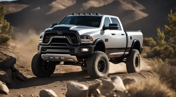 Ein Dodge Ram 1500 mit beeindruckendem Gewicht fährt durch staubiges Gelände.