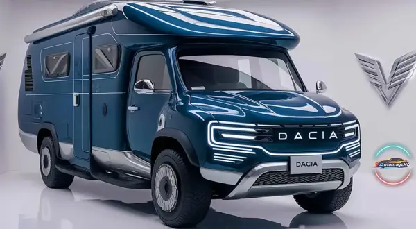 Ein blauer Dacia Sandman Campervan mit modernen LED-Leuchten und einem ausfahrbaren Markise. Perfekt für Abenteuer!