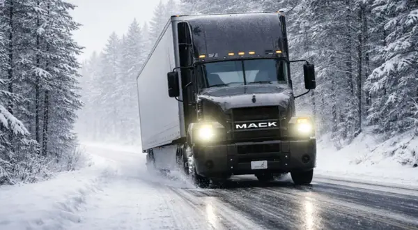 Schwarzer Mack-LKW fährt durch verschneiten Wald. Vorsicht: kann AdBlue einfrieren, was zu Problemen führen kann.
