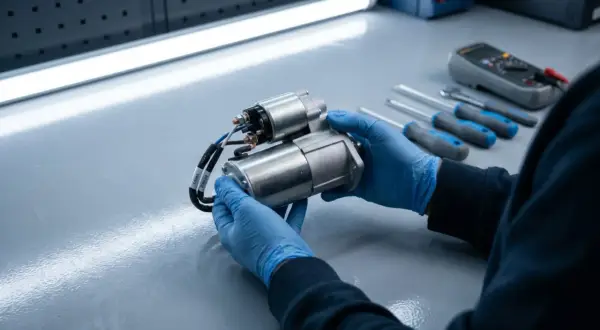 Mechaniker prüft einen Anlasser, der defekt sein könnte. Werkzeuge und Multimeter liegen bereit.