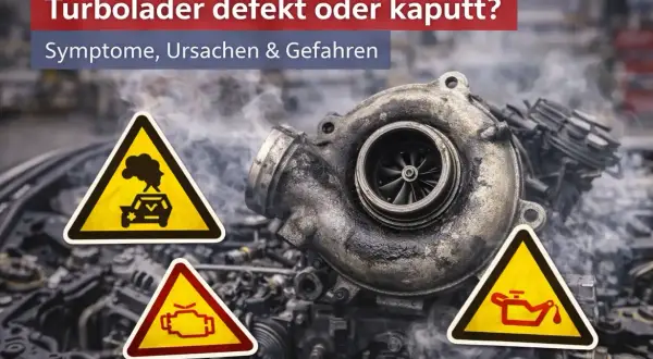 Ein defekter Turbolader kann teuer werden. Warnschilder zeigen Rauch, Motorprobleme und Ölverlust.