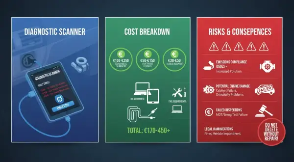 Diagnostischer Scanner zeigt Fehlercodes an. Ein NOX-Sensor ist Teil der Abgasanlage, wichtig für Emissionskontrolle. Kosten & Risiken bei Defekten.