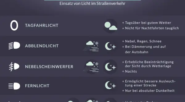 Das Bild zeigt verschiedene Lichter am Auto: Tagfahrlicht, Abblendlicht, Nebelscheinwerfer, Fernlicht und Standlicht. Das Abblendlicht-Symbol wird bei Nebel, Regen, Schnee und Dämmerung genutzt.