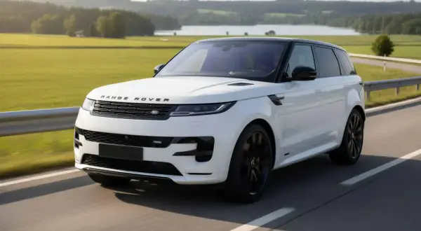 Ein weißer Range Rover Sport mit schwarzem Dach fährt auf einer Landstraße. Perfekt für ein Range Rover Abo.