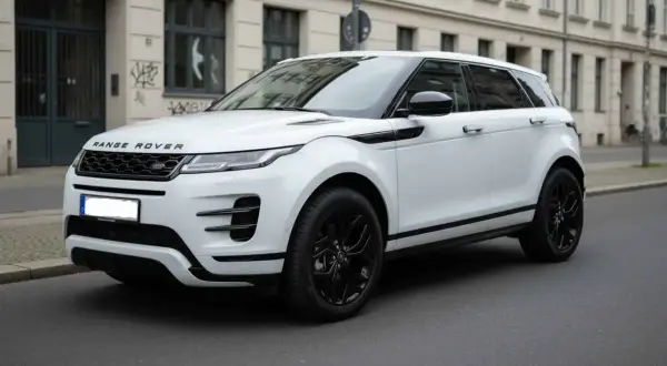 Ein weißer Range Rover klein mit schwarzen Felgen steht auf einer Straße vor einem Gebäude.