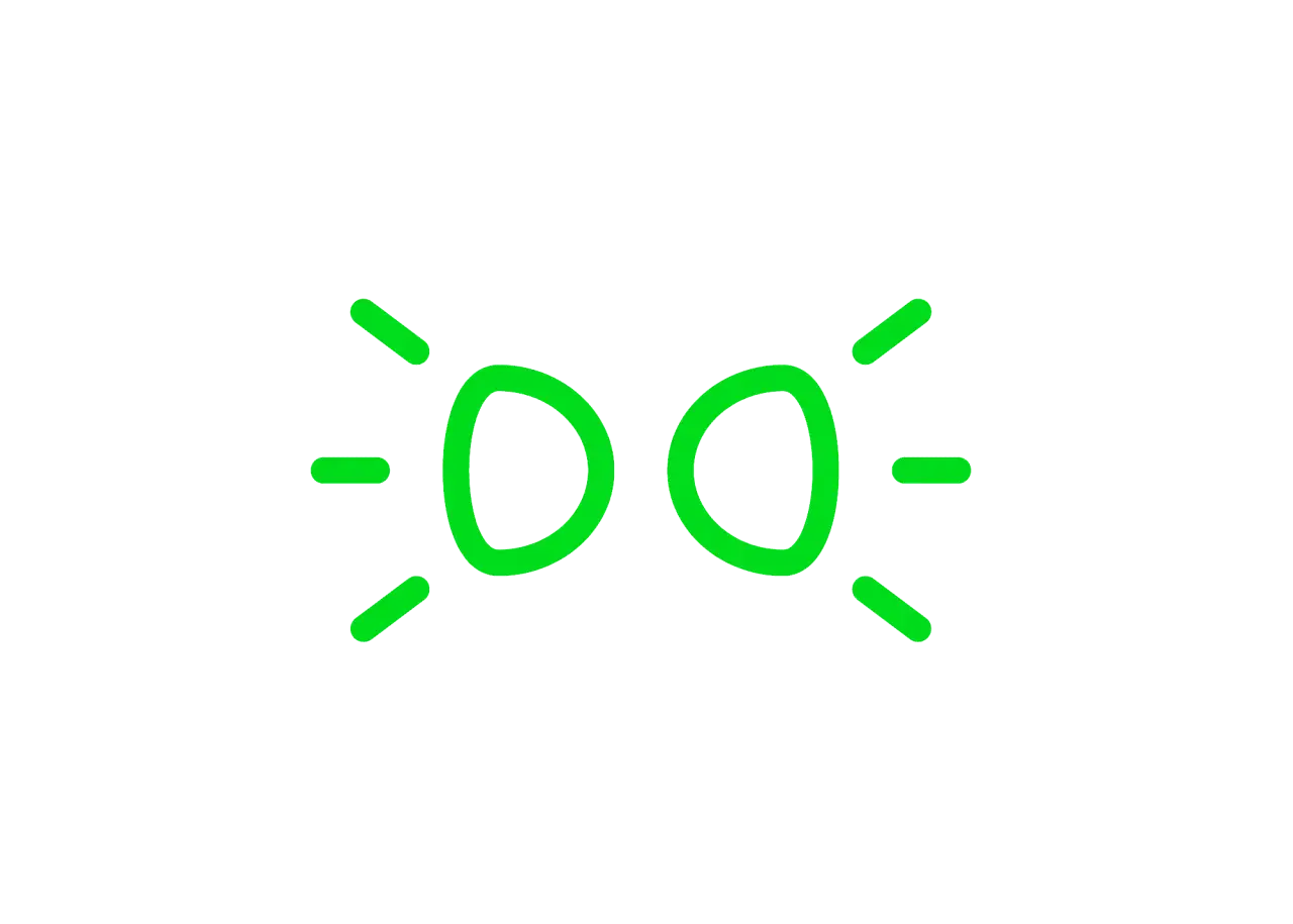 Grünes Symbol für Tagfahrlicht im Auto. Zwei leuchtende Kreise mit Strahlen, die Helligkeit signalisieren.