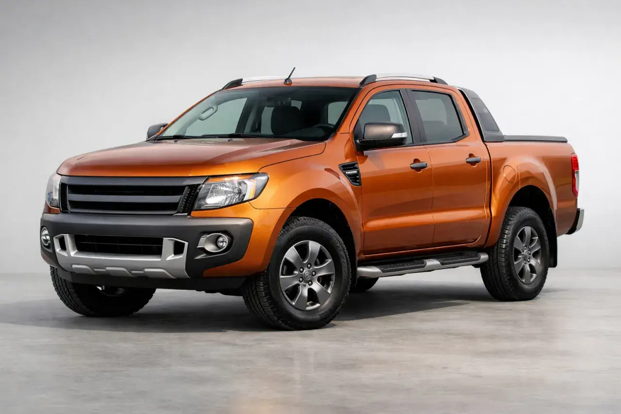 Orange Ford Ranger im Test. Der robuste Pickup steht auf einem grauen Untergrund vor hellem Hintergrund.