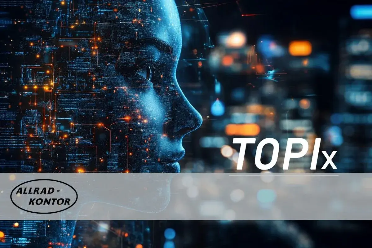 Digitale Kopf-Silhouette mit leuchtenden Datenströmen, "TOPIx" und "ALLRAD - KONTOR" Schriftzug.
