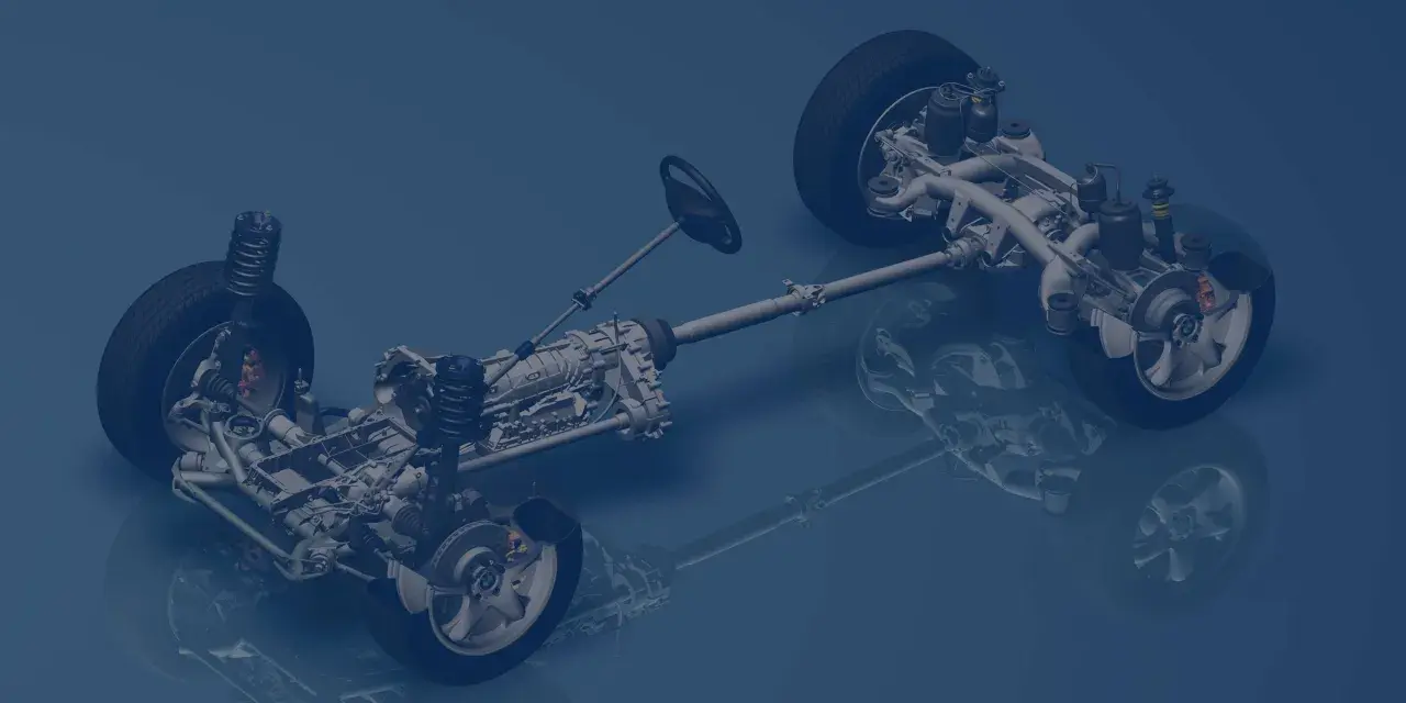 Detailansicht eines Fahrzeugchassis mit RWD Antrieb, Getriebe und Lenkrad.