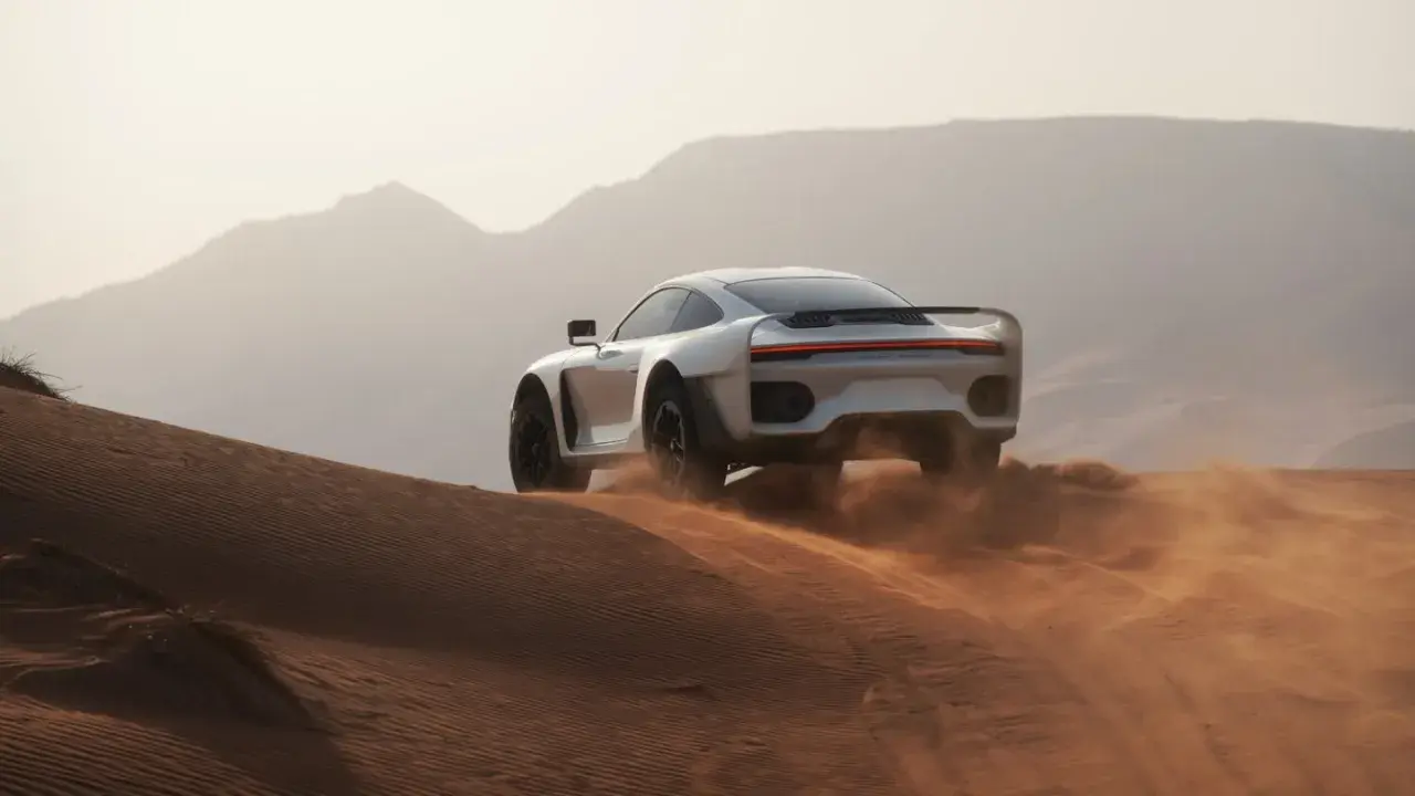 Der Gemballa Marsien bahnt sich seinen Weg durch die Wüste, Sand wirbelt auf.