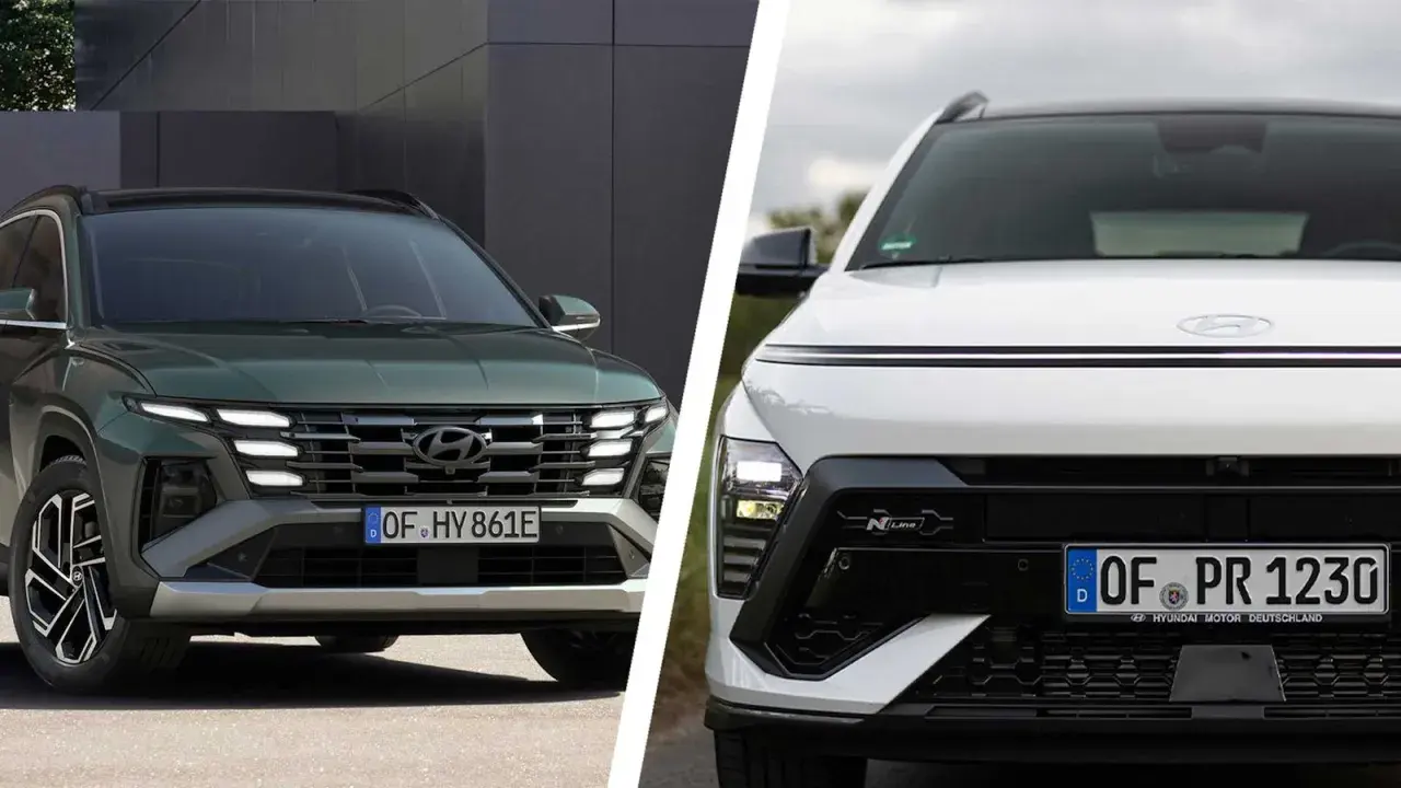 Zwei Hyundai Kona 2026 Modelle im direkten Vergleich: Ein grüner und ein weißer mit N Line-Akzenten.