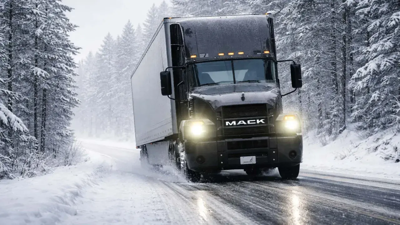 Schwarzer Mack-LKW fährt durch verschneiten Wald. Vorsicht: kann AdBlue einfrieren, was zu Problemen führen kann.