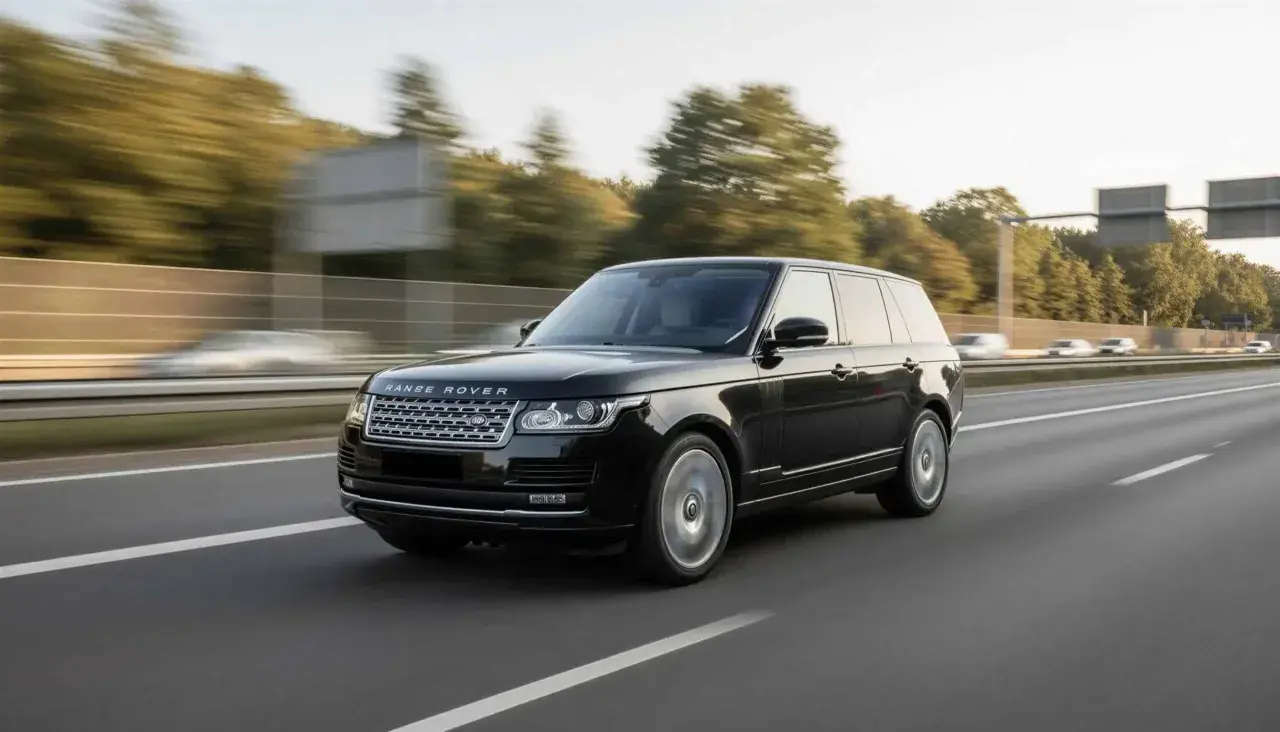 Schwarzer Range Rover fährt auf der Autobahn. Der kraftvolle Range Rover Motor surrt leise, während die Räder sich drehen.